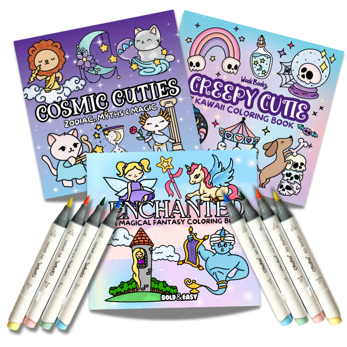 Picked For You! 3 Book Coloring Bundle with 8 Mystery Ohuhu Alcohol Markers by Wook Books