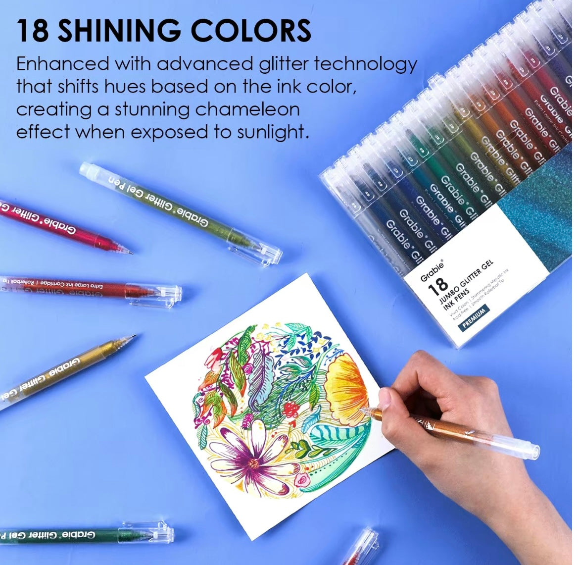 Grabie Dual Tone Iridescent Glitter Gel Ink Pen - 18 Vibrant Colors