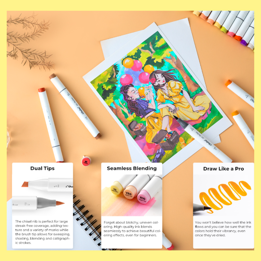 8-Pack Mystery Pallette of Ohuhu Alcohol Markers with Brush Tips + Wook Books Holographic Marker Bag