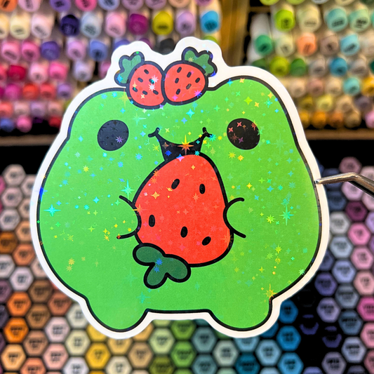 Cute Frog with Strawberry Holographic Jumbo Sticker