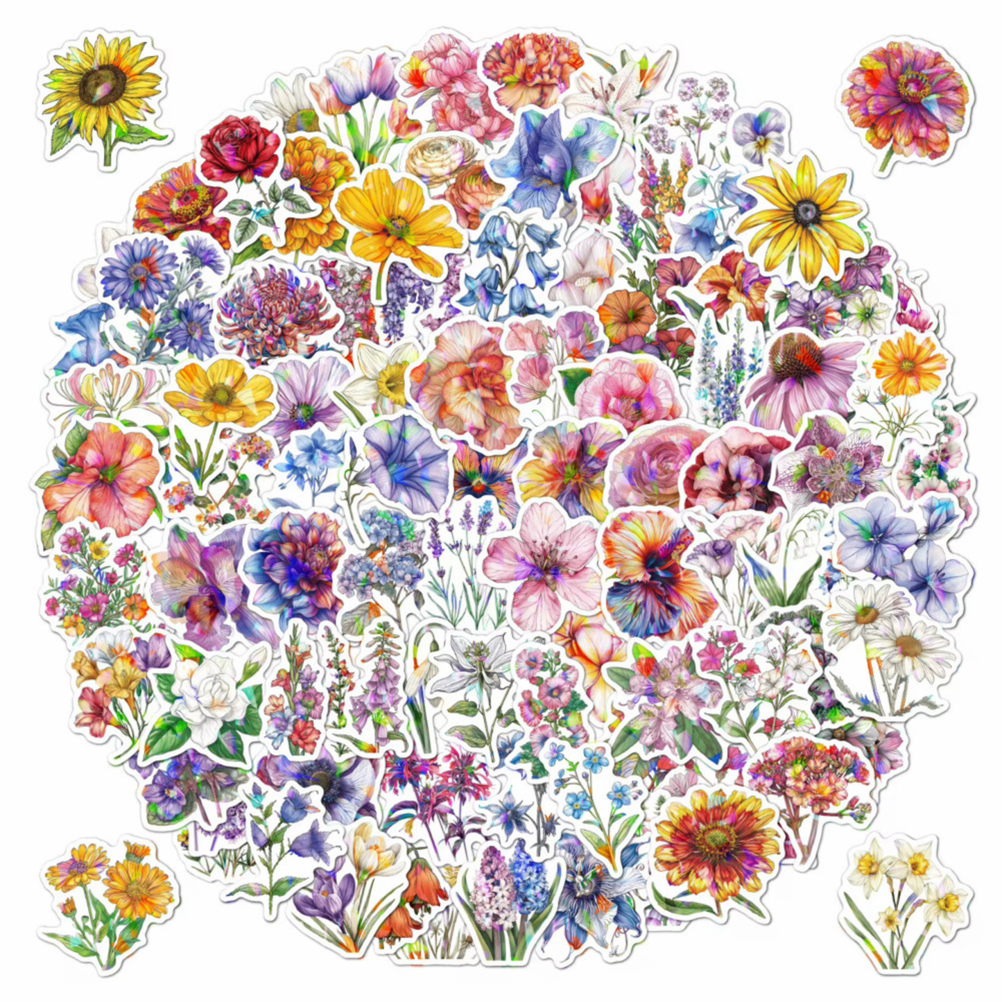 100PCS Holographic Vinyl Flower Stickers