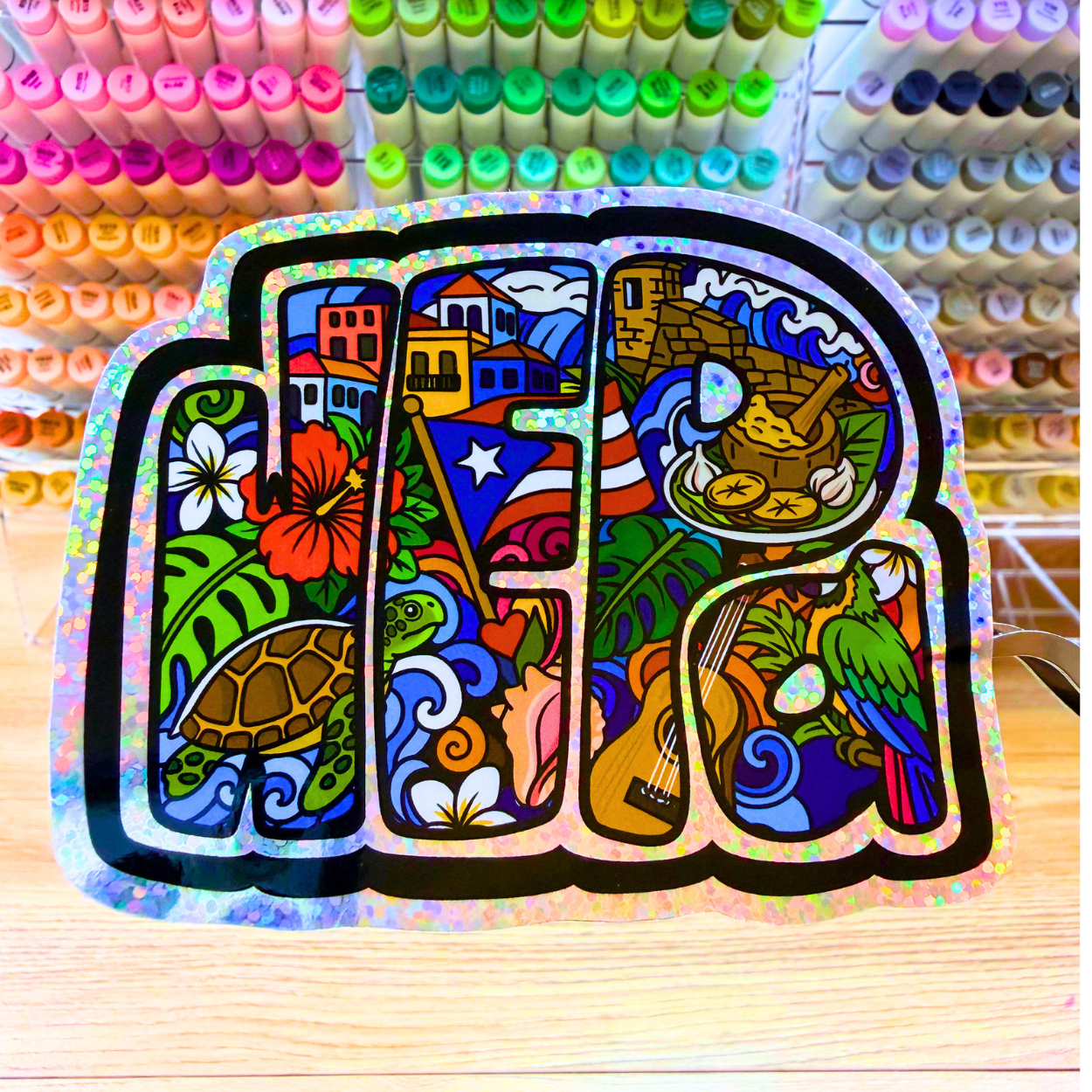 WEPA! Jumbo Holographic Puerto Rico Vinyl Sticker | Hand-Drawn Original Artwork by Wook Books
