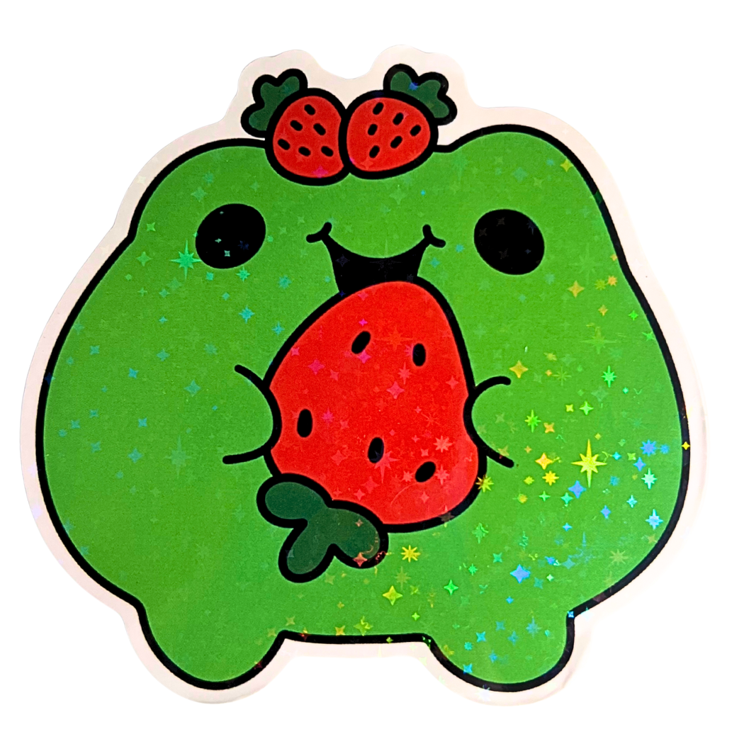 Cute Frog with Strawberry Holographic Jumbo Sticker