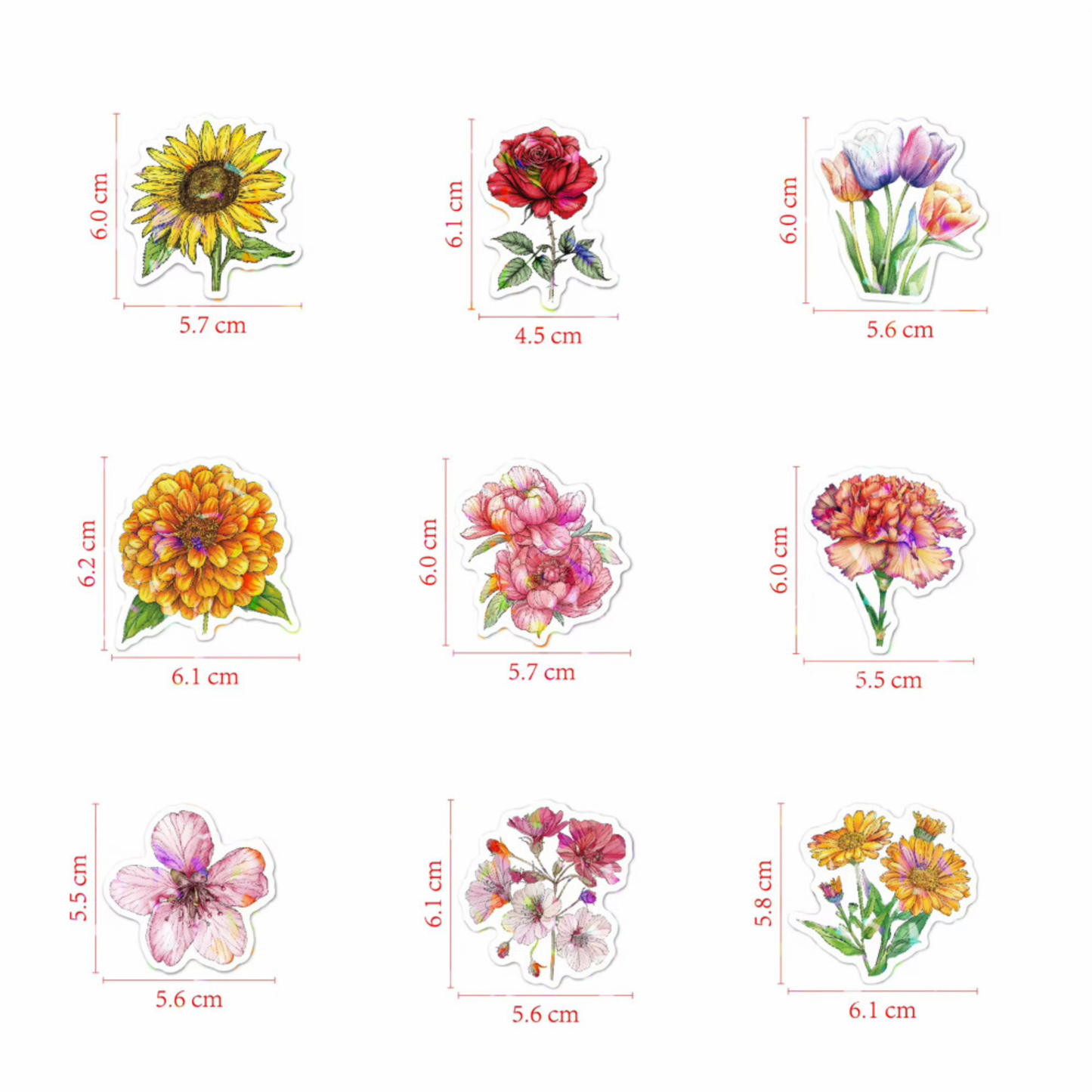 100PCS Holographic Vinyl Flower Stickers