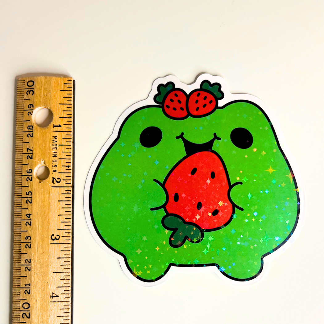 Cute Frog with Strawberry Holographic Jumbo Sticker