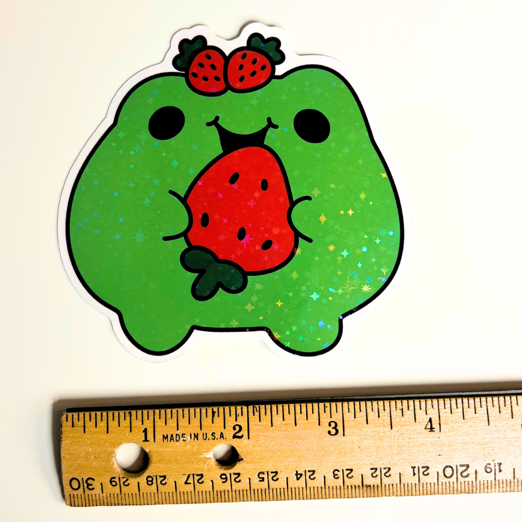 Cute Frog with Strawberry Holographic Jumbo Sticker