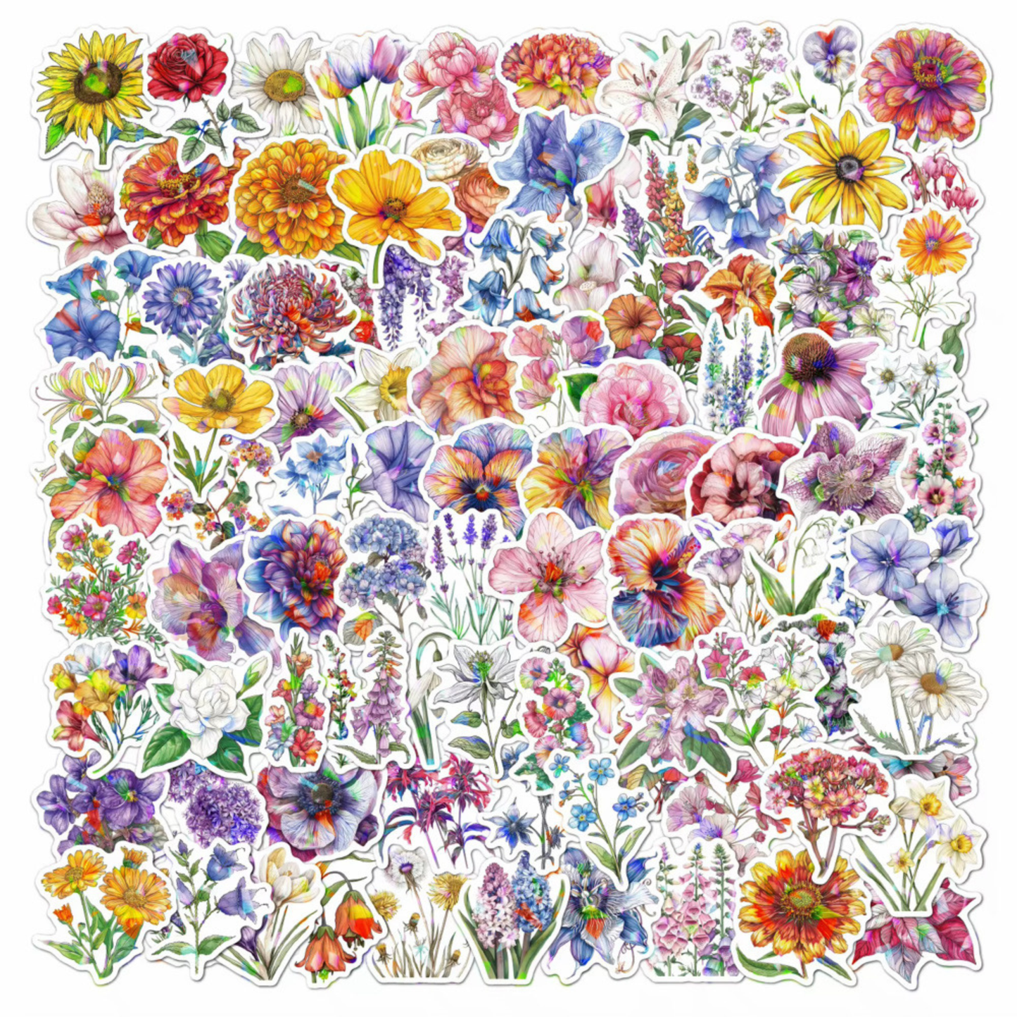 100PCS Holographic Vinyl Flower Stickers