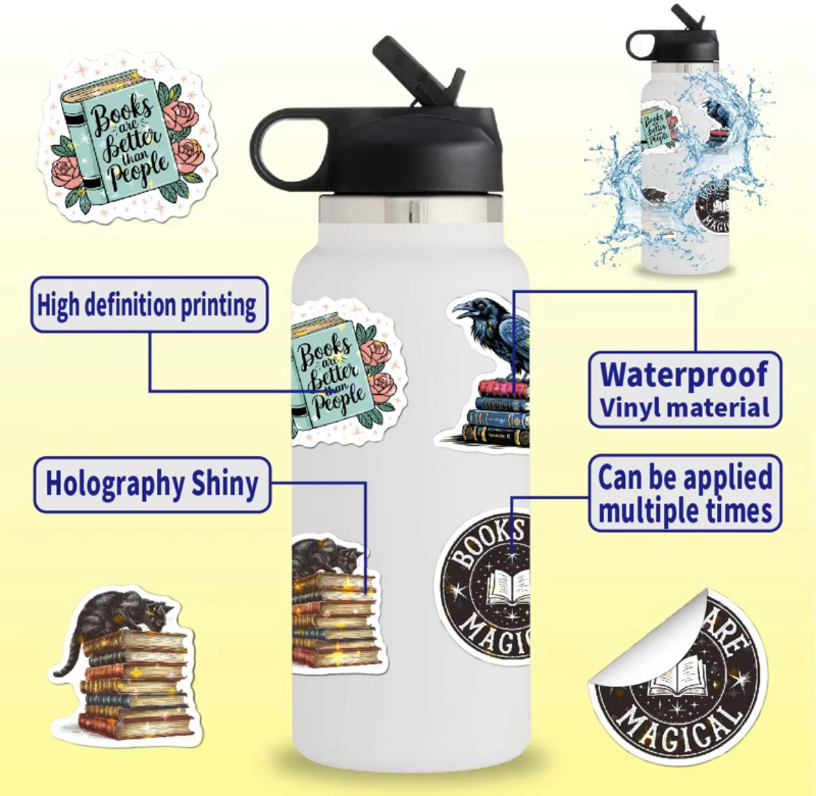 100PCS Holographic Vinyl Book Lover Stickers
