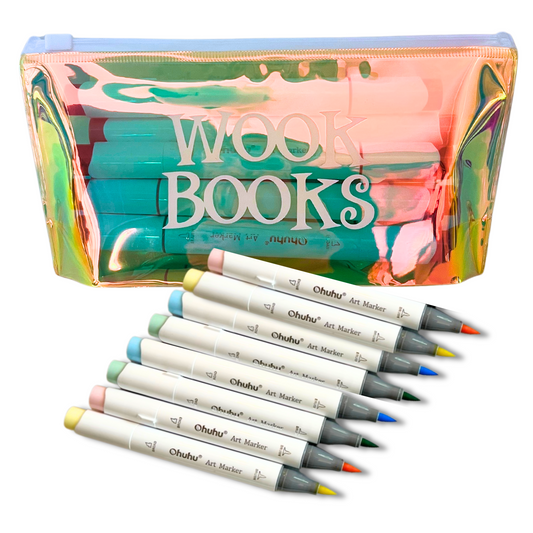 8-Pack Mystery Pallette of Ohuhu Alcohol Markers with Brush Tips + Wook Books Holographic Marker Bag